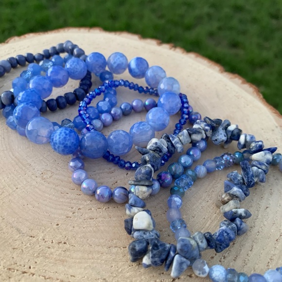 Natural Blue Agate & Kyanite Gemstone Mixed Smooth Round Bead Bracelet Stack - Picture 9 of 12